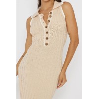 Cayla Button-Up Ribbed Knit Dress Sand