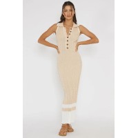 Cayla Button-Up Ribbed Knit Dress Sand