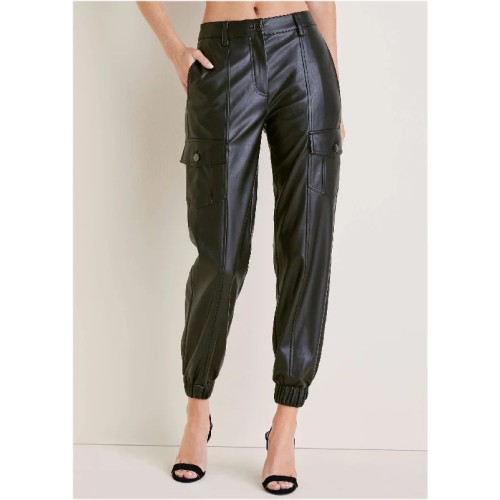 Faux Leather Cargo Pants  - Black