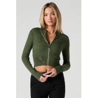 Ribbed Knit Zip-Up Cropped Sweater