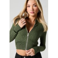 Ribbed Knit Zip-Up Cropped Sweater