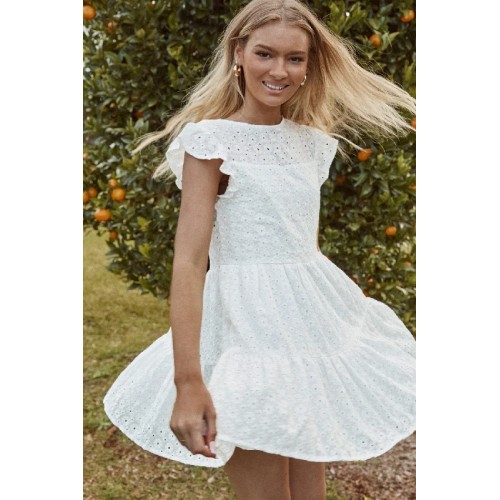 Louise Cap Sleeve Shift Dress Eyelet Embroidery White