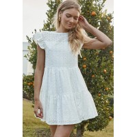 Louise Cap Sleeve Shift Dress Eyelet Embroidery White