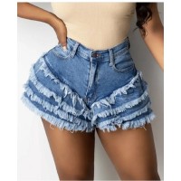 Patchwork Tassel High Waist Denim Shorts