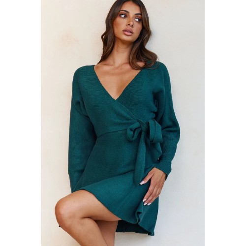 Shooting Star Long Sleeve Side Tie Knit Dress Forest Green