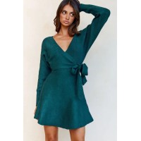 Shooting Star Long Sleeve Side Tie Knit Dress Forest Green