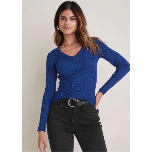 Ribbed Knit V-Neck Sweater  - Sodalite Blue