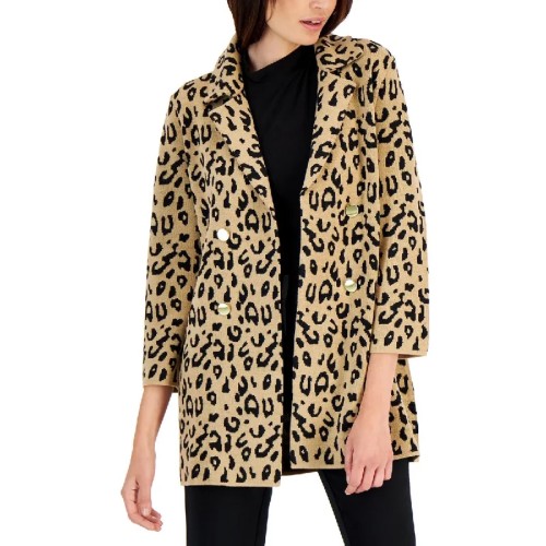 Kasper Womens Animal Print Collared Open Front