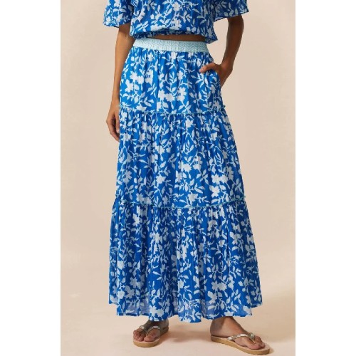 Becks Block Print Skirt | Japanese Flower Cobalt