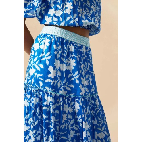 Becks Block Print Skirt | Japanese Flower Cobalt