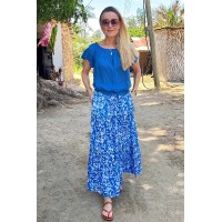 Becks Block Print Skirt | Japanese Flower Cobalt