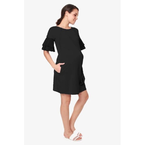 Flounce Sleeves Calissa Bamboo Cotton Nursing Dress Black