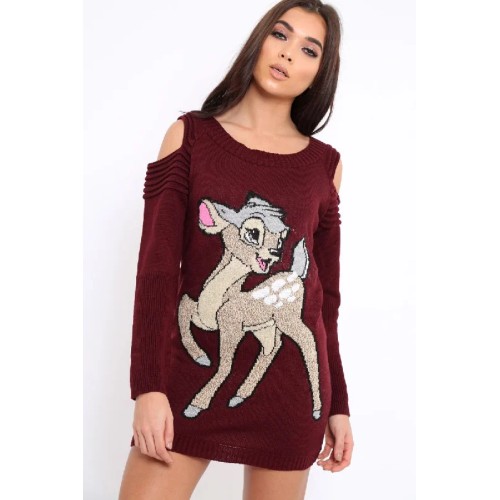 Wine Festive Deer Cold Shouldered Jumper Dress - Catarina