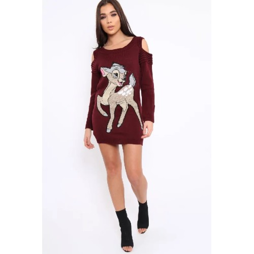 Wine Festive Deer Cold Shouldered Jumper Dress - Catarina