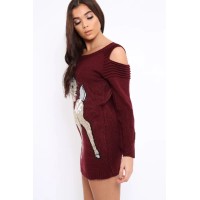 Wine Festive Deer Cold Shouldered Jumper Dress - Catarina