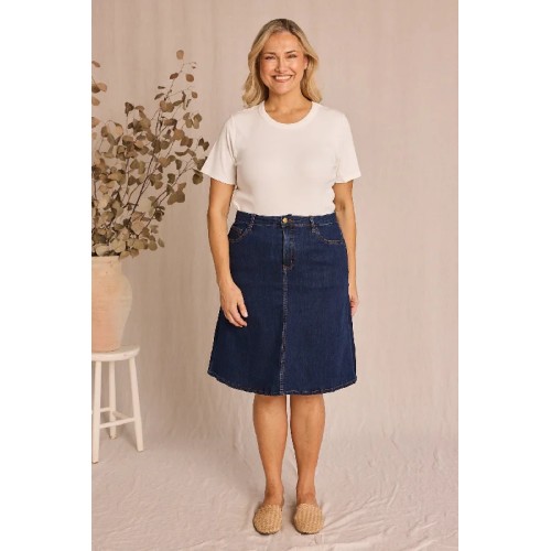 Adrift Denim Short A-Line Skirt in Mid Wash