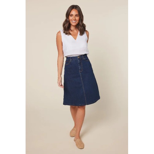 Adrift Denim Short A-Line Skirt in Mid Wash