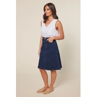 Adrift Denim Short A-Line Skirt in Mid Wash