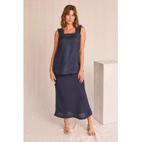 Katie Bias Cut Linen Skirt in Navy