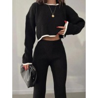 FZ Women's contrasting slit sweater elastic waist wide-leg pants suit