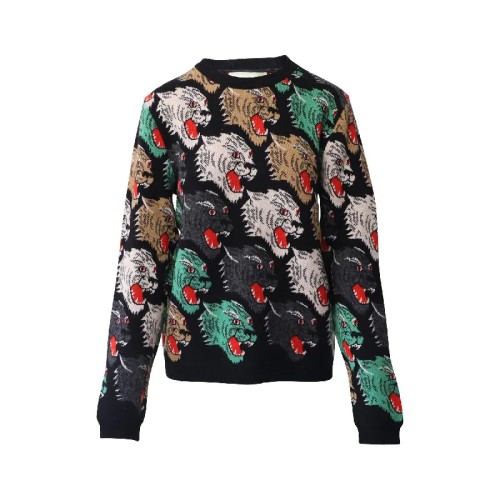 Panther Face Wool Sweater with Intarsia Motifs