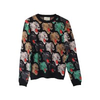 Panther Face Wool Sweater with Intarsia Motifs