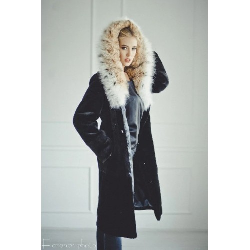 Beaver Fur Hooded Coat (Black)