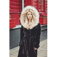 Beaver Fur Hooded Coat (Black)