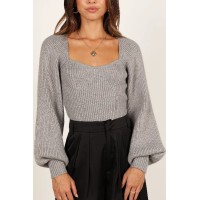 Gia Sweetheart Neck Bell Sleeve Knit Sweater - Light Grey