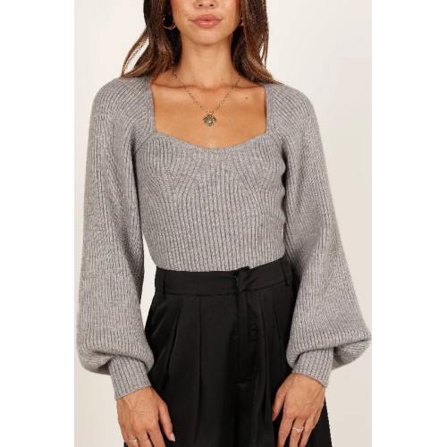 Gia Sweetheart Neck Bell Sleeve Knit Sweater - Light Grey