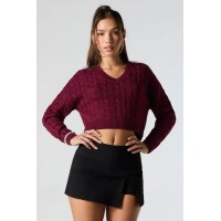 Cable Knit V-Neck Cropped Sweater