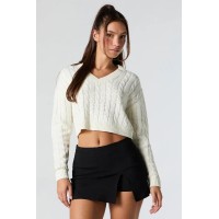 Cable Knit V-Neck Cropped Sweater