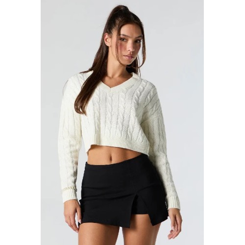 Cable Knit V-Neck Cropped Sweater