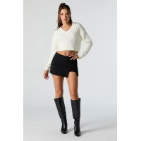 Cable Knit V-Neck Cropped Sweater