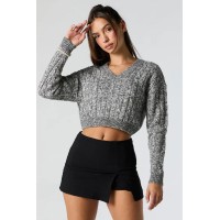 Cable Knit V-Neck Cropped Sweater