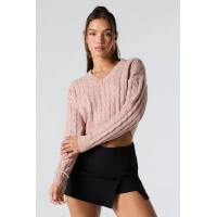 Cable Knit V-Neck Cropped Sweater