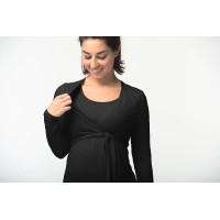 Virginia Tie Up Long Sleeve Bamboo Cotton Nursing Dress Black