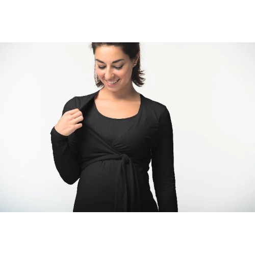 Virginia Tie Up Long Sleeve Bamboo Cotton Nursing Dress Black