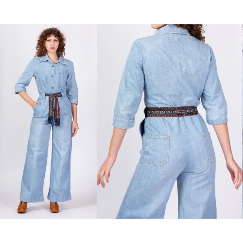 70s Denim Button Up Belted Jumpsuit - Medium