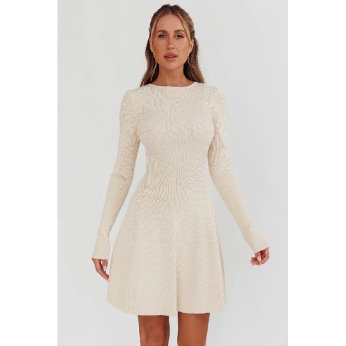 Intuitions Long Sleeve Ribbed Knit Dress Cream