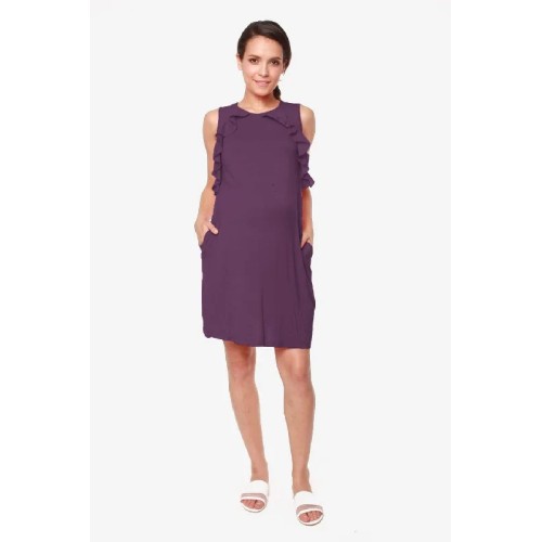 Sleeveless Calida Frills Bamboo Cotton Nursing Dress Eggplant