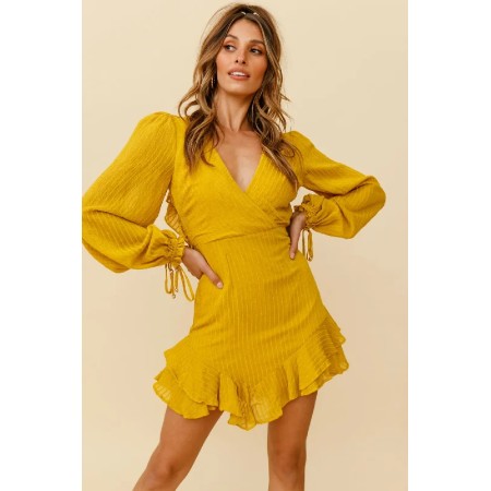 Lilo Surplice Neckline Cut-Out Back Dress Thin Stripe Mustard