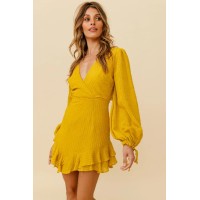 Lilo Surplice Neckline Cut-Out Back Dress Thin Stripe Mustard