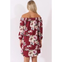 Wine Floral Print Bardot Dress - Cammi