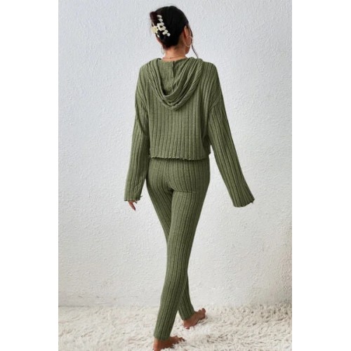 FZ Women's Lettuce Hem Sweater Hooded Pants Suit