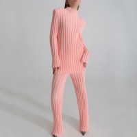 Ribbed 2pc Outfits Knitted Long Sleeve Sweater Top And Pants 2 Piece Sets