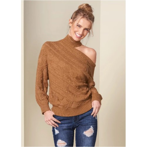 One-Shoulder Turtleneck Sweater - Brown