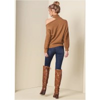 One-Shoulder Turtleneck Sweater - Brown