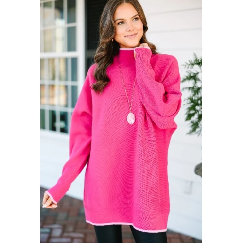 On The Line Hot Pink Mock Neck Sweater