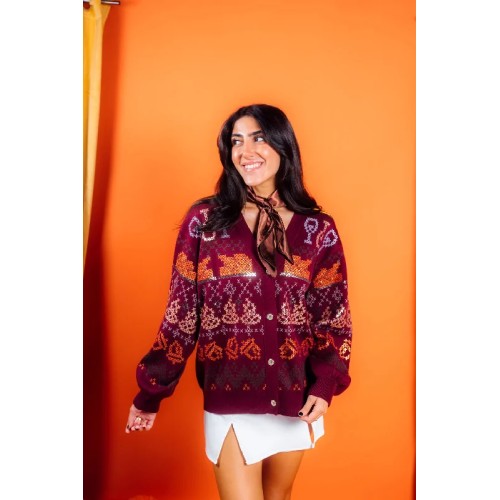 Maroon Needlepoint Thanksgiving Cardigan